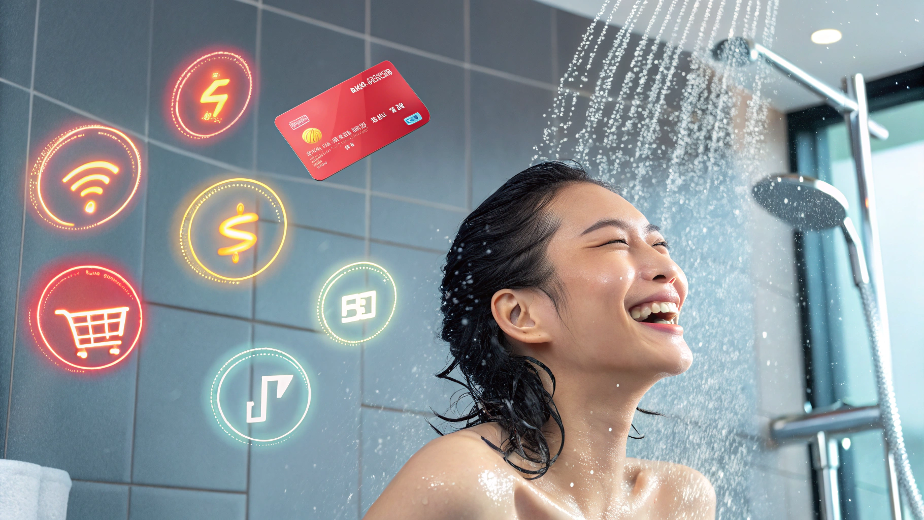 シャワーを浴びて喜ぶ女性と電気、無線LAN、お金、買い物、支払い、音楽の光るアイコン、赤いクレジットカード