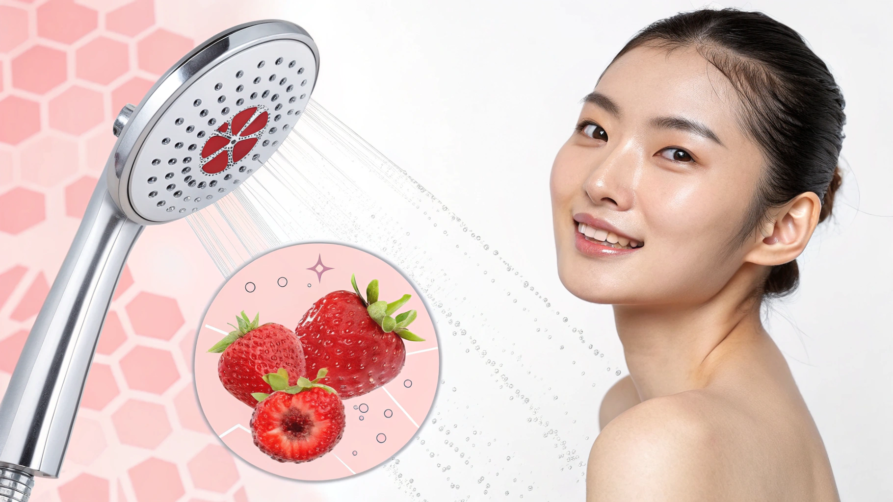 笑顔の女性 水を噴き出すシャワーヘッドとみずみずしいイチゴ